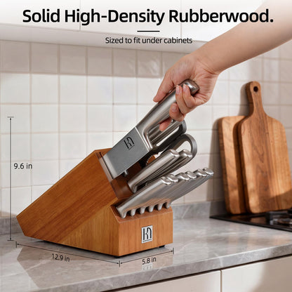 KnifeSaga Kitchen Knife Set with Block and Detachable 2-Stage Sharpener | 14-Piece Premium High Carbon Stainless Steel Knives with Ergonomic Anti-Slip Handle, Rubberwood Knife Block