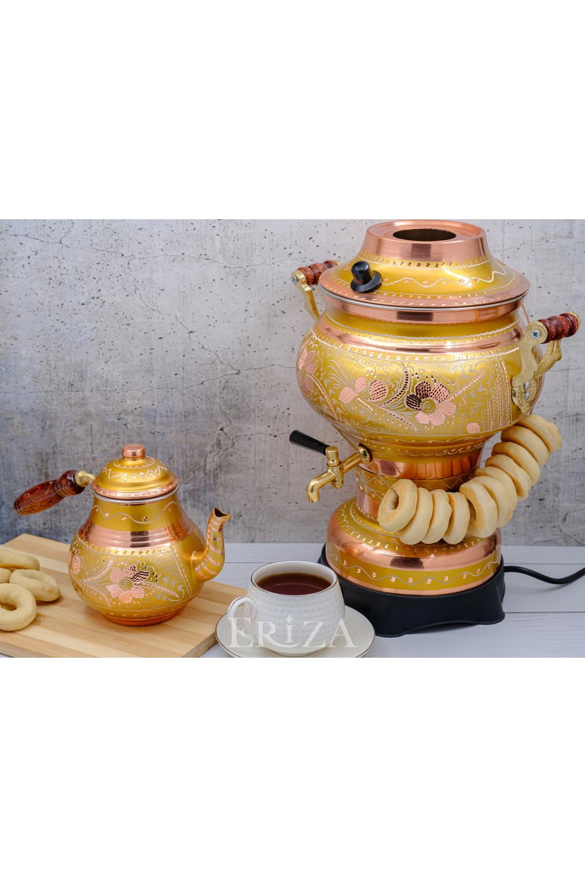 Electric Samovar 5.2 Liter 220V Ornate Copper Tea Urn for Traditional Turkish Tea Service - Gold