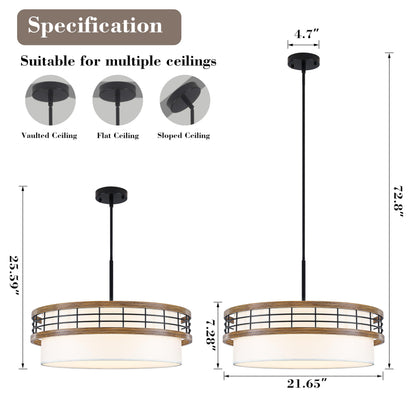 22" Large Drum Chandelier, Black and Wood Texture Pendant Light, 5-Light Farmhouse Kitchen Chandelier for Dining Room Foyer Entryway Bedroom