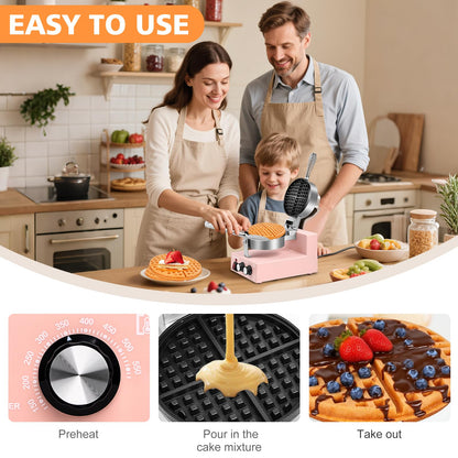 Popfoodex Commercial Waffle Maker for Restaurant, 110V Electric Waffle Maker w/Non-stick and 122–572°F Adjustable Temp, 1200W Profession Waffle Iron with Timer and Heavy Duty, Hotel Waffle Machine
