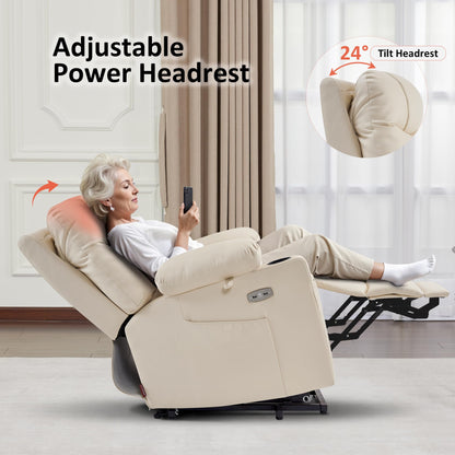 MCombo Small Power Lift Recliner Chair Sofa with Massage and Dual Heating, Adjustable Headrest for Elderly People Petite, USB Ports, Faux Leather 7111 (Cream White)