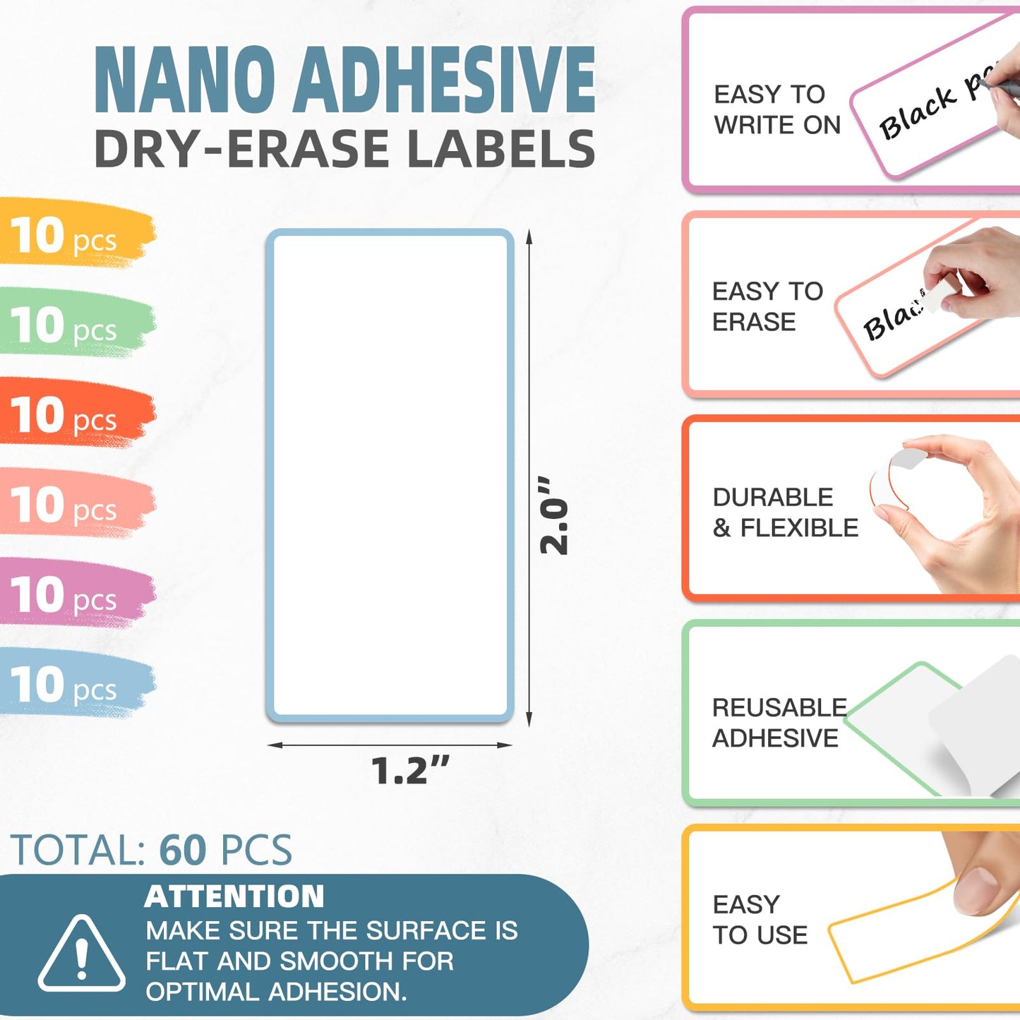 PPB Dry Erase Labels Sticky Notes for Containers, Reusable Waterproof Removable Stickers for Storage Bins, Freezer, Kitchen, Classroom, Whiteboard, All Purpose Use (1.2”x 2”, Multicolor, 60 Dots)