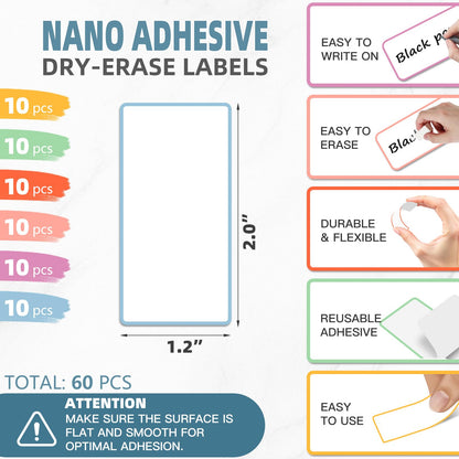PPB Dry Erase Labels Sticky Notes for Containers, Reusable Waterproof Removable Stickers for Storage Bins, Freezer, Kitchen, Classroom, Whiteboard, All Purpose Use (1.2”x 2”, Multicolor, 60 Dots)