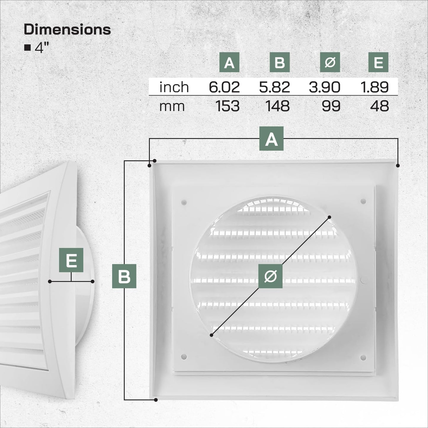 Vent Systems 4'' Inch White Pack of 2 Air Vent Covers for Dryer Vents and Bathroom Exhaust, Black Louvered Cover