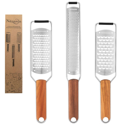 NAZANIN 3-Piece Stainless Steel Cheese Grater & Zester Set w/Acacia Wood Handles – For Parmesan, Lemon Zest, Ginger, and Spices