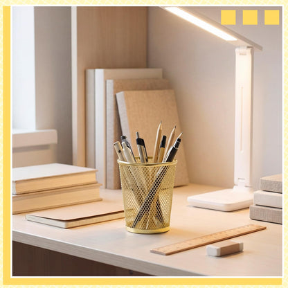 Poola Voidra 6 Pcs Gold Mesh Pen Holders Bulk Metal Pencil Makeup Brushes Cups Back to School Supplies Round Golden Organizer Golden for Desk Home Office Classroom Students Teachers Staff