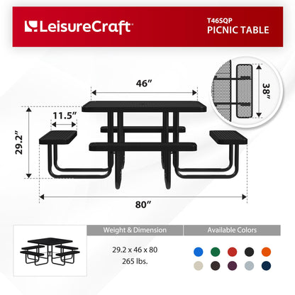 Leisure Craft Metal Picnic Table with Bench - 46" Square Outdoor Dining Table for 8 with Umbrella Hole, Weatherproof Heavy Duty Thermoplastic Coating, Commercial Grade Furniture Made in USA - Black