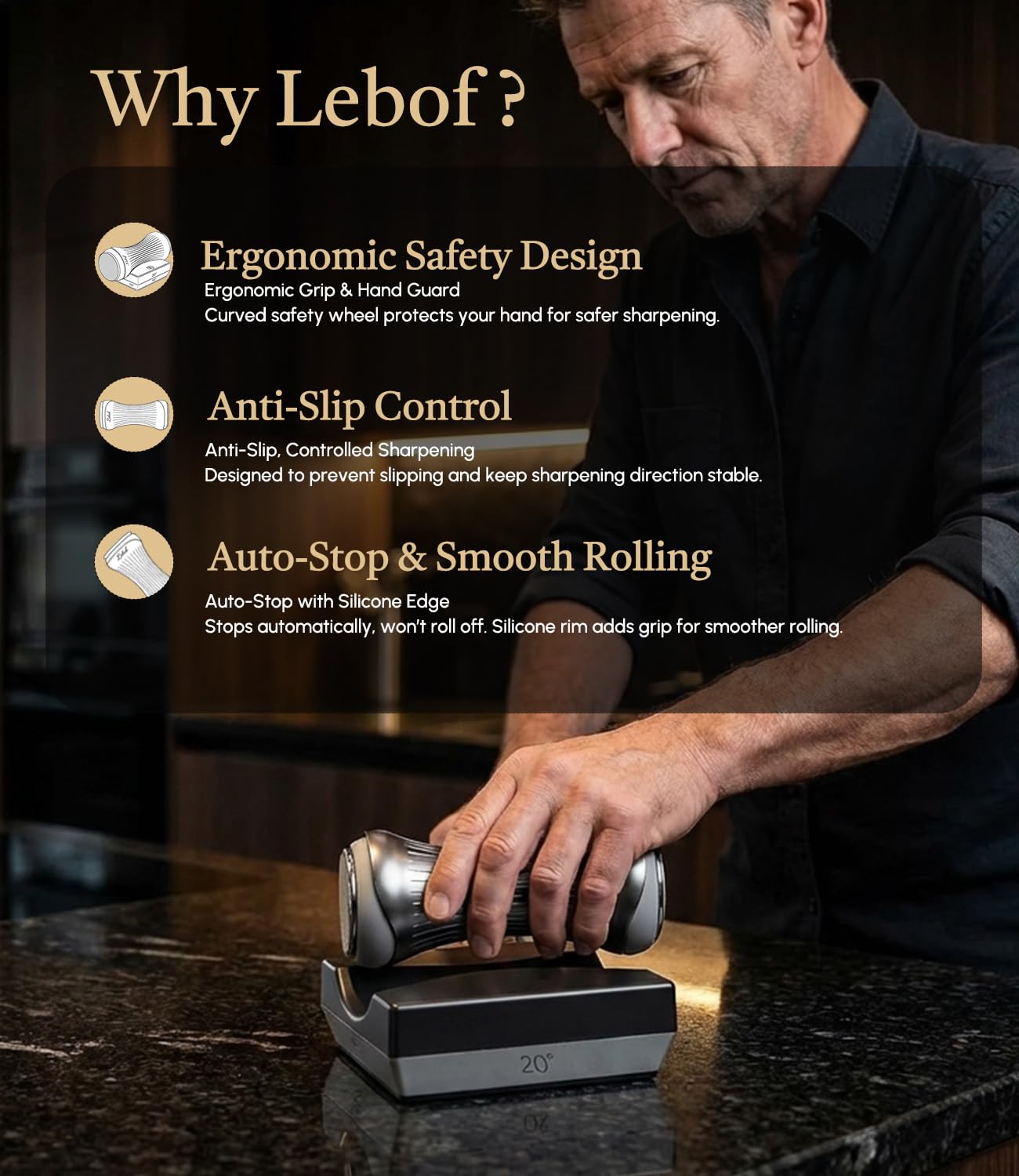 Lebof Rolling Knife Sharpener with Diamond Disc, Magnetic Base with 4 Sharpening Angles, Aluminum Alloy Body, Anti-Slip