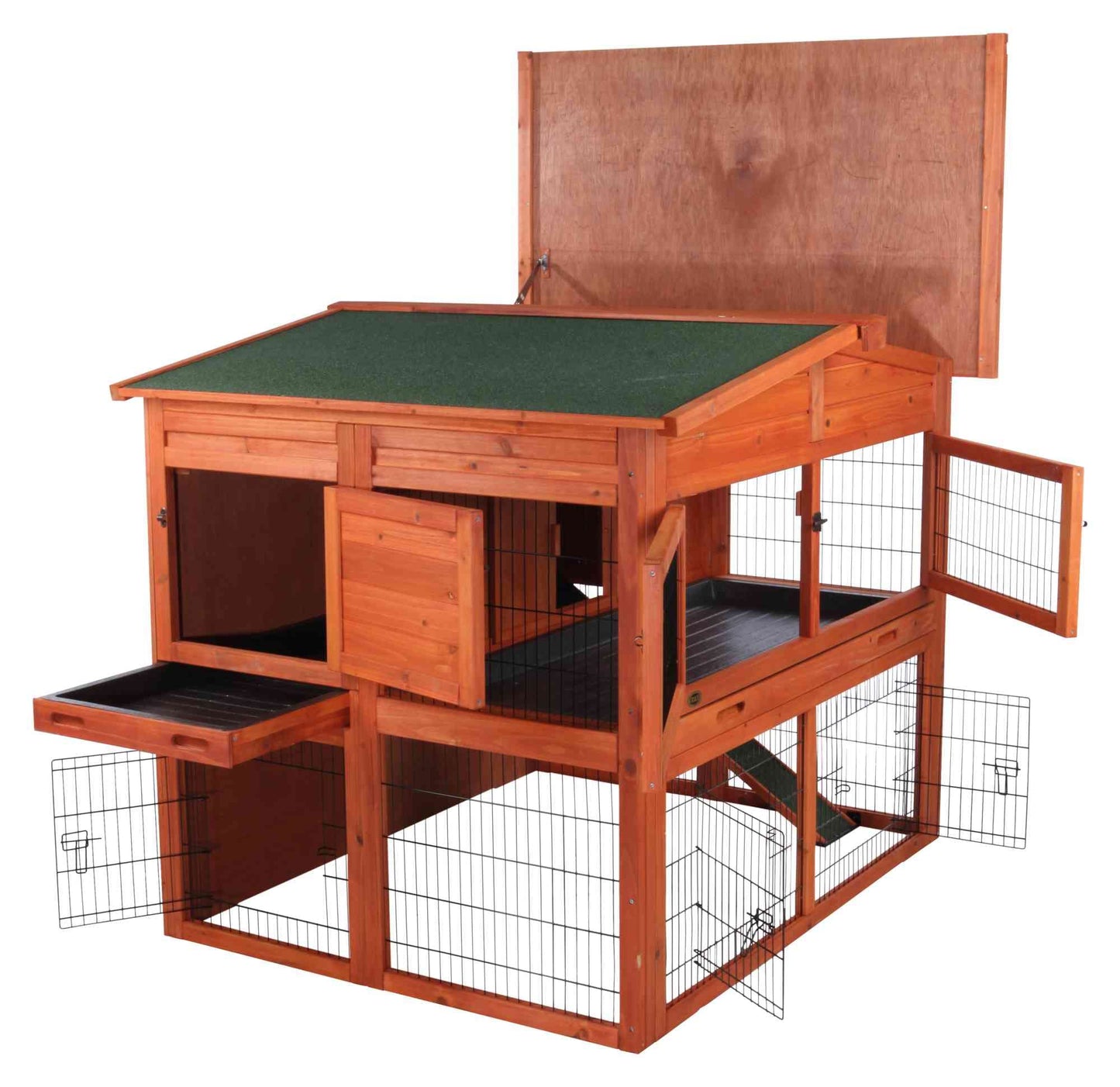 TRIXIE natura Outdoor Deluxe Rabbit Hutch with Run - Large 2-Story Rabbit Cage with Non-Slip Ramp - Elevated Small Animal House with Secure Playpen, Hinged Roof & Two Pull-Out Trays - in Natural
