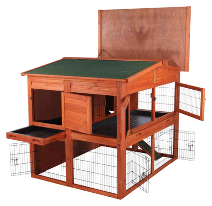 TRIXIE natura Outdoor Deluxe Rabbit Hutch with Run - Large 2-Story Rabbit Cage with Non-Slip Ramp - Elevated Small Animal House with Secure Playpen, Hinged Roof & Two Pull-Out Trays - in Natural