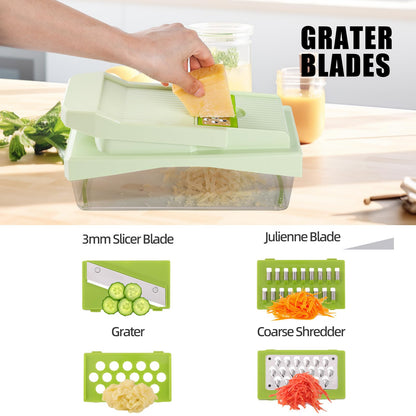 RüK 10-in-1 Vegetable Chopper – 6 Blade Veggie Chopper with Container, Food Dicer, Onion Cutter, Cheese Grater, Mandoline Slicer, Kitchen Gadgets & Home Essentials (Green)