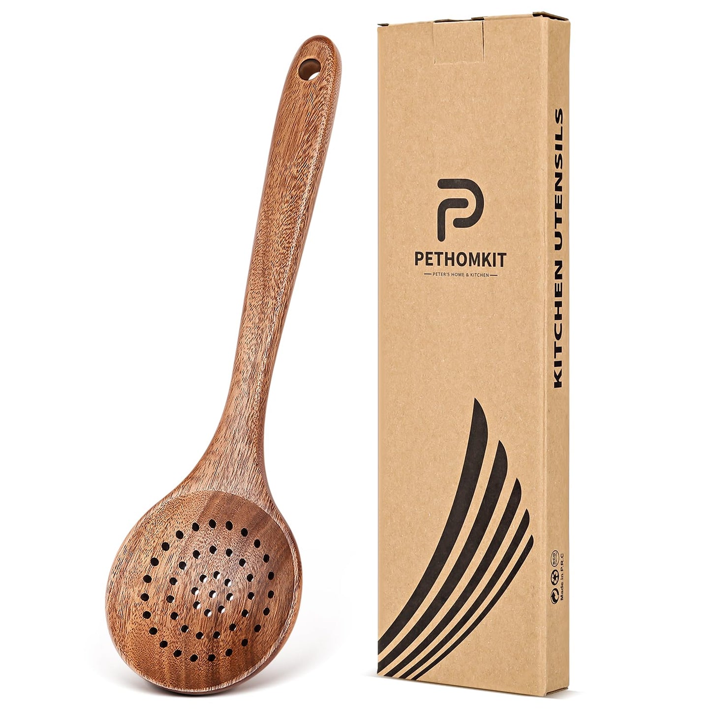 Wooden Cooking Utensil, Teak Slotted Spoon for Cooking, Natural Wood Colander Ladle Spoon with Holes, Long Handle Teak Skimmer Strainer Spoon with Teeth for Straining Draining Egg Meat Noodles,11.2″