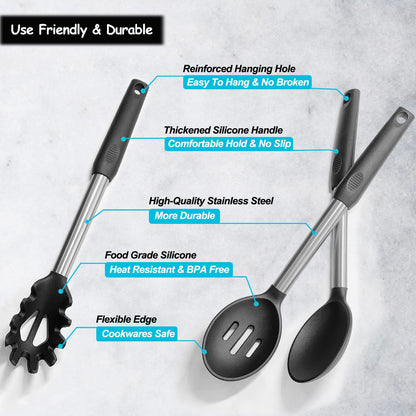Silicone Spatula and Cooking Spoon,5 Pack Non-Stick Cooking Utensils for Kitchen，Heat Resistant Solid & Slotted Spoons and Spatulas, Stainless Steel Handle Coated with Silicone,Black