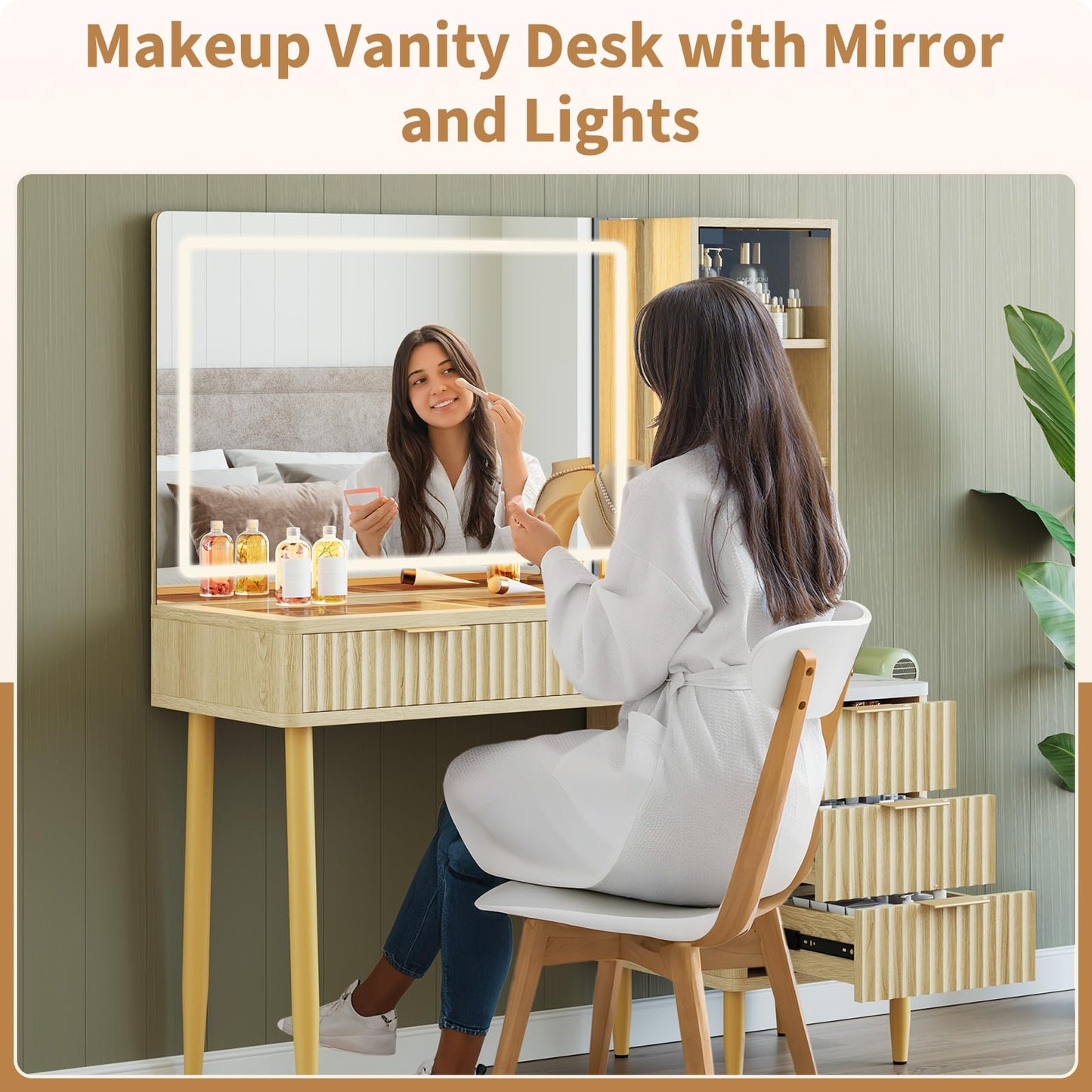 GarveeHome Makeup Vanity Desk with Lights, Fluted Wooden Dressing Table with 5 Drawers and Adjustable Shelves, Makeup Vanity Table Modern Glass Top with Charging Station for Bedroom (Oak)