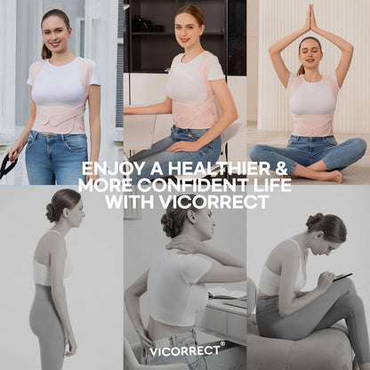 Vicorrect Posture Corrector for Women and Men: Back Support Brace Upper Back Shoulders Pain Relif (Pink, Large)