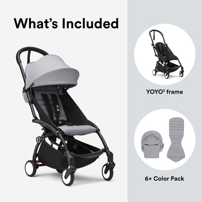 Stokke YOYO3 Stroller from 6 Months - Includes Black Frame/Stone Seat Cushion + Canopy - Folds in & Out in a Flash - Light & Compact - Carry-On Compatible