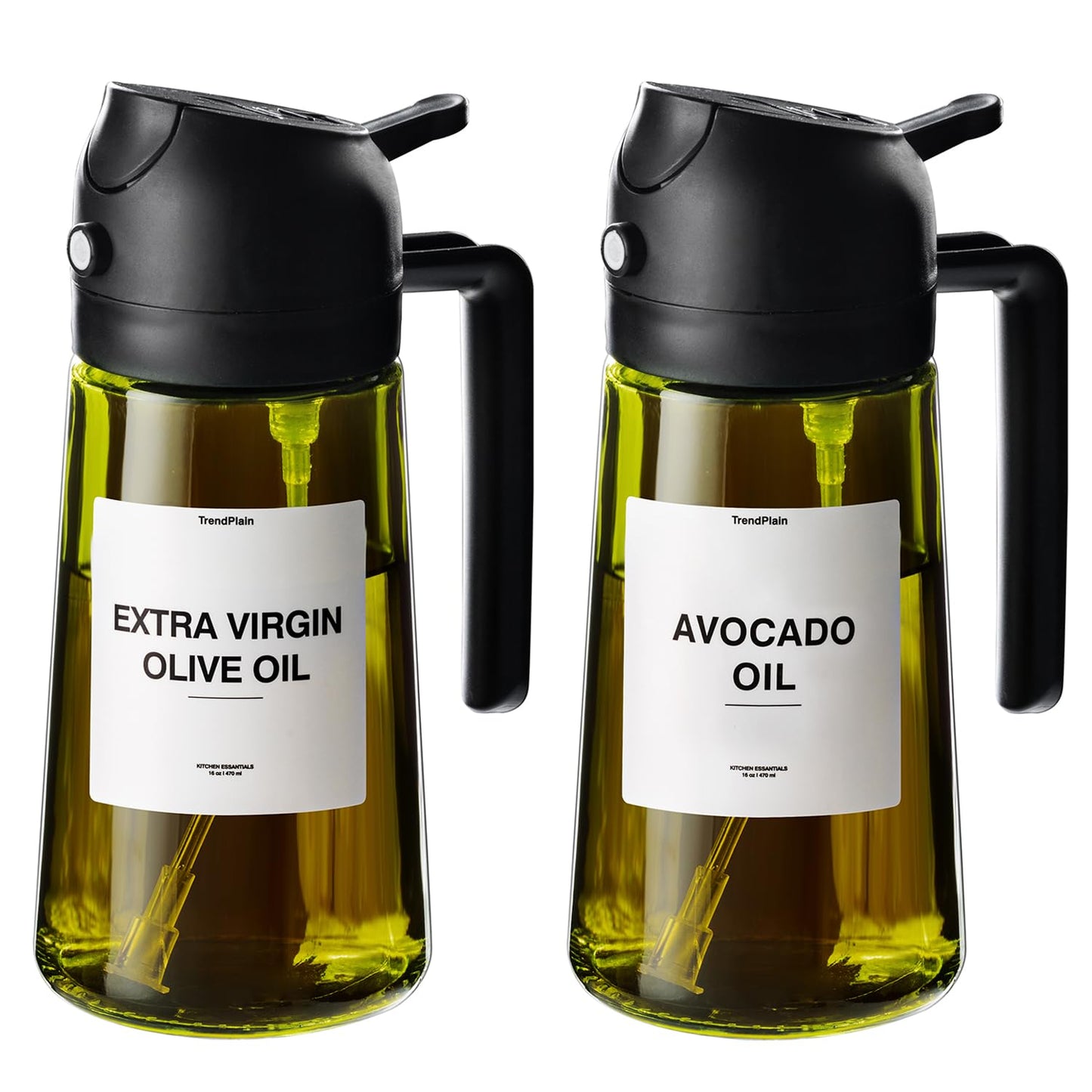 TrendPlain - Original 16oz/470ml Olive Oil Dispenser Bottle for Kitchen Gadgets and Air Fryer Accessories - Olive Oil Sprayer for Cooking w/Stickers - Black&Green