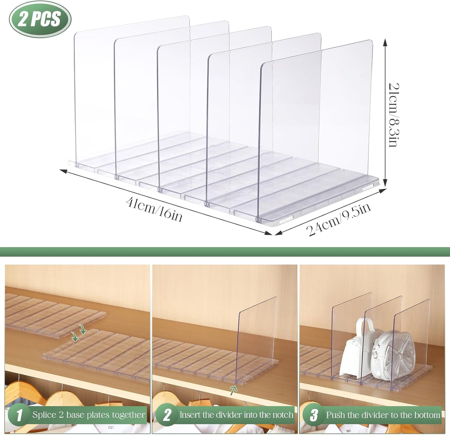 Bag & Purse Organizer for Closet, 2 Pack Adjustable Shelf Divider - Clear Acrylic Handbag Separators for Storage