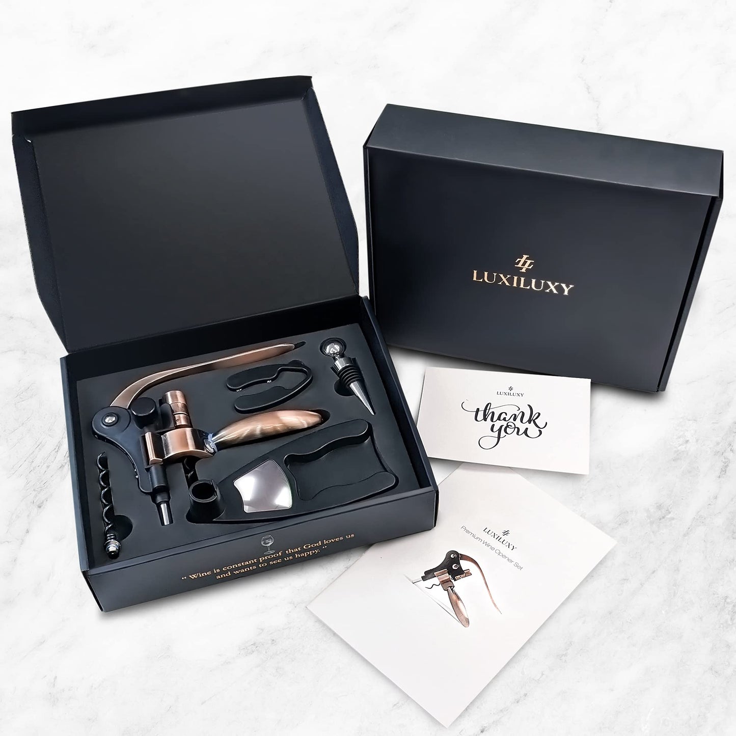Wine Bottle Opener Corkscrew Set – Luxiluxy [2024 upgraded, does NOT break!] Including Foil Cutter, Bottle Stopper, Opener Stand and Extra Spiral - corkscrews wine opener set- wine opener kit