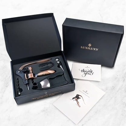 Wine Bottle Opener Corkscrew Set – Luxiluxy [2024 upgraded, does NOT break!] Including Foil Cutter, Bottle Stopper, Opener Stand and Extra Spiral - corkscrews wine opener set- wine opener kit