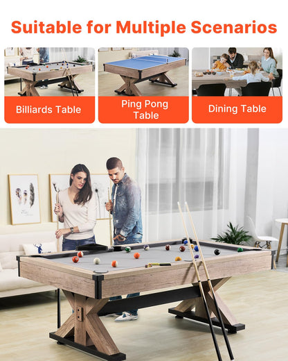 VEVOR 7ft Billiards Table Combo Set, 3-in-1 Multi Game Table with Dining, Pool, and Tennis Table, for Family Game Room Adults, Includes Full Set of Accessories, Wood Color with Grey Cloth