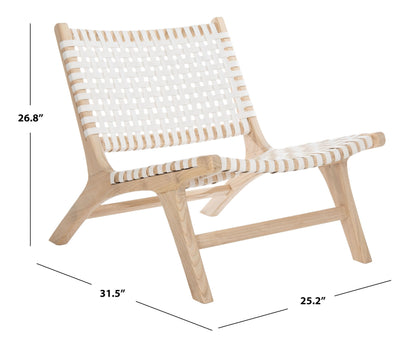 SAFAVIEH Home Collection – Luna Natural Solid Wood & White Leather Woven Accent Chair, Contemporary Lounge Chair, Fully Assembled (ACH1002A)