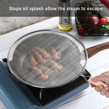3 Pieces Grease Splatter Screen for Frying Pan, Splatter Guard Mesh Stainless Steel Grease Guard Shield for Kitchen Frying Pan Cooking Supplies Set of 9.44", 10.8" and 12.5" inch (Wood Handle)