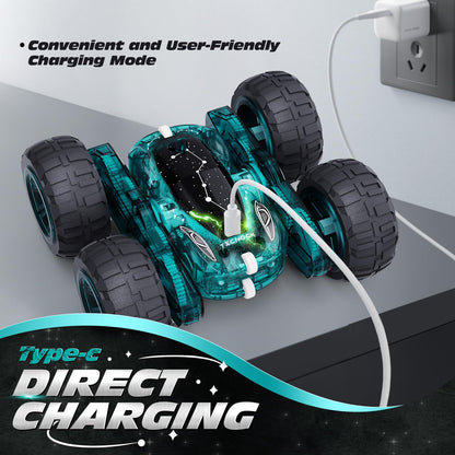 Tecnock Remote Control Car, 2.4GHz RC Cars with USB-C Easy Charging, 4WD Double Sided 360° Rotates and Flips RC Stunt Car, Toys Gift for Boys and Girls Ages 6-8, 8-12
