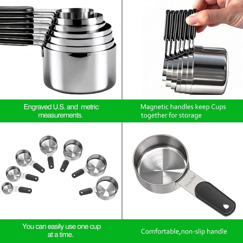 Magnetic Handles 7 Piece Stainless Steel Measuring Cups, Black, Kitchen Gadgets for Measure Liquid and Dry Ingredients, Cooking & Baking
