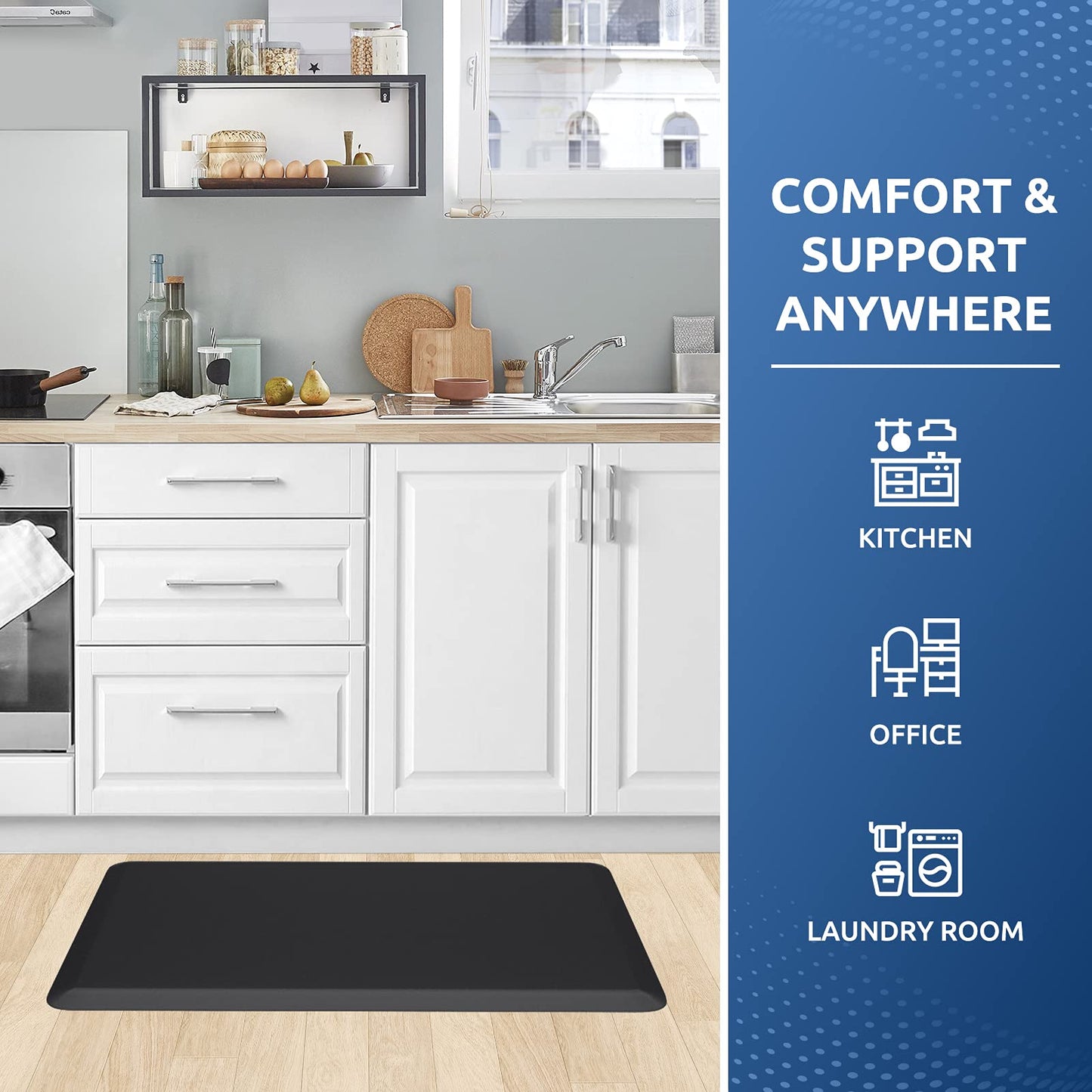 KitchenClouds Kitchen Mat Cushioned Anti Fatigue Rug 17.3"x28" Water Resistant, Non Slip, Standing and Comfort Desk/Floor Mats for House Sink Office (Black)