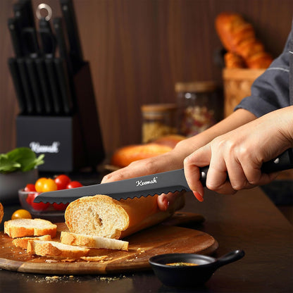Keewah Knife Set, 15 Piece Kitchen Knives Set with Block, Black