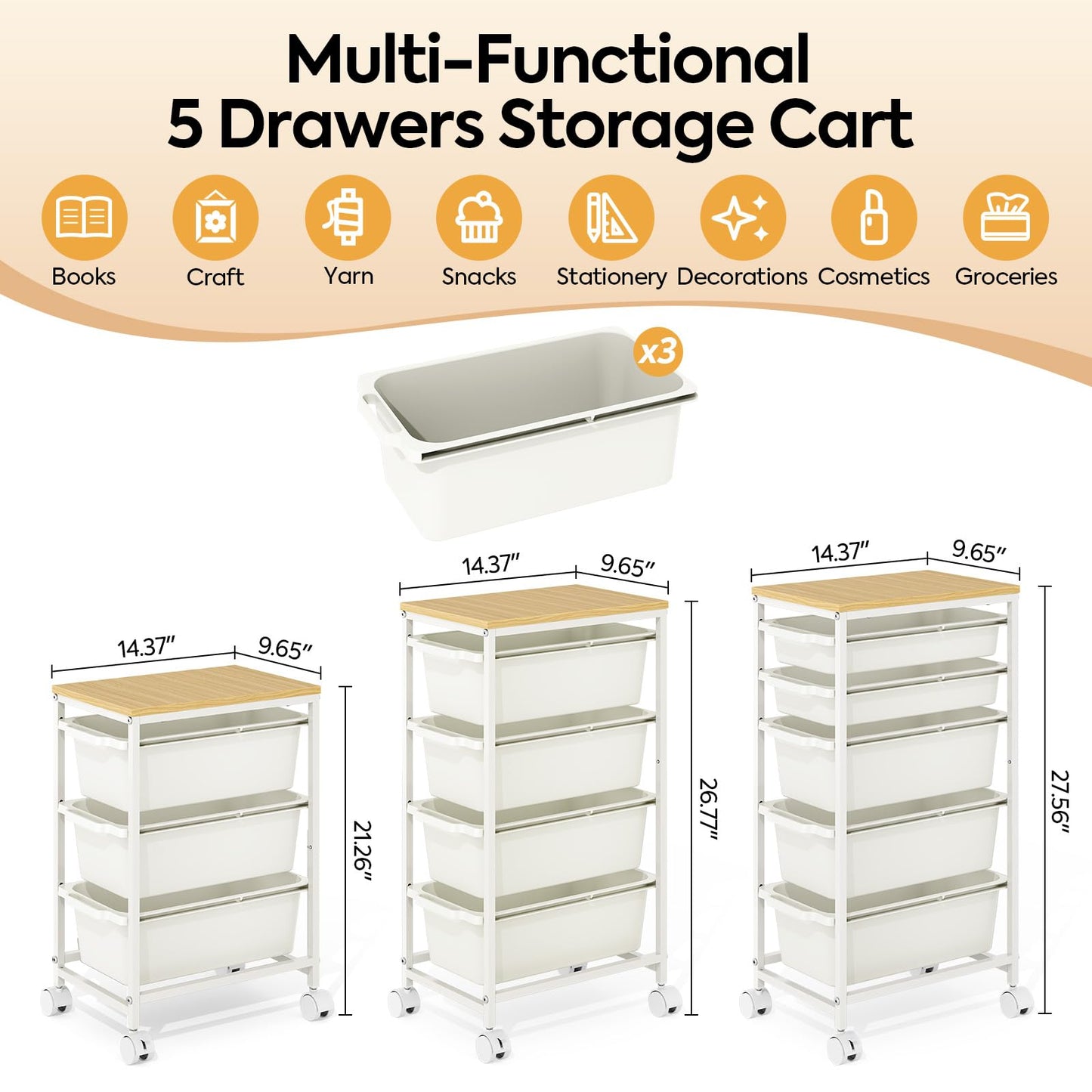 Rolling Storage Cart with 3 Drawers, Craft Organizer, Wooden Tabletop Utility Cart for Bedroom, Children's Room and Office Organization, Under Desk Trolley with Lockable Wheels,White