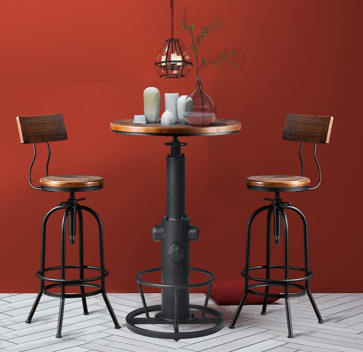 3-Piece Bar Height Table & Stools Sets for Cocktail Bistro Home Pub Party, Weld Metal Legs Round Wood Top, Rustic Brown Industrial Black Adjustable Swivel (1×38.6"-48.4" Table, 2×26"-32" Stool)