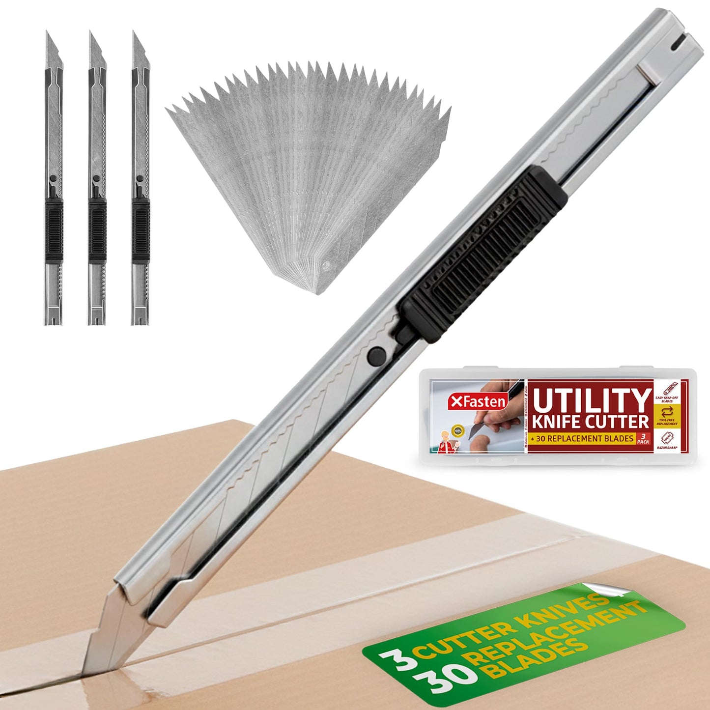 XFasten Snap Off Utility Knife Retractable 3-Pack 9mm Retractable Box Cutter Craft Knife with 30pcs 30 Degree Snap Off Blades Stainless Steel Craft Knives for Vinyl, Cardboard, Window Tint Cutter