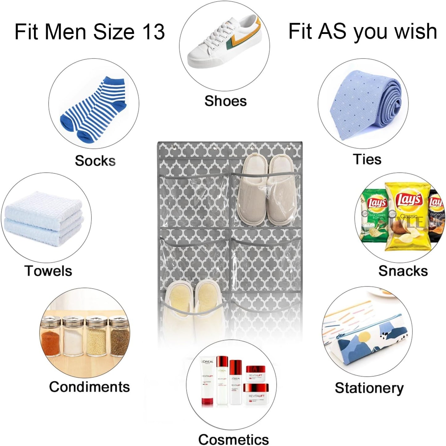 Clear Crystal 2 Pack 12 Pockets Large Hanging Shoe Organizer Over The Door Rack for Closet Door Storage, 8 Hooks, White