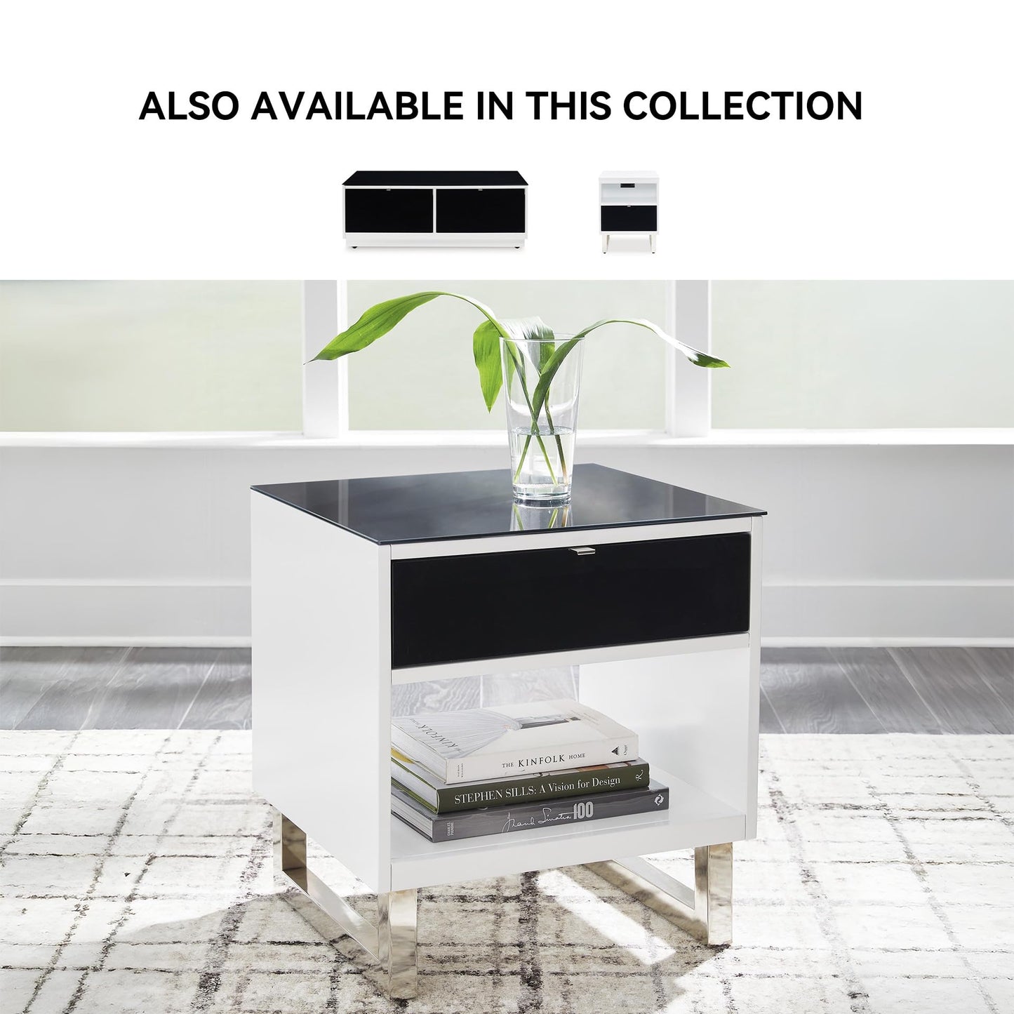 Signature Design by Ashley Gardoni Modern Glass-Tabletop End Table with 1 Drawer, Open Shelf, and High Gloss Finish, White & Black