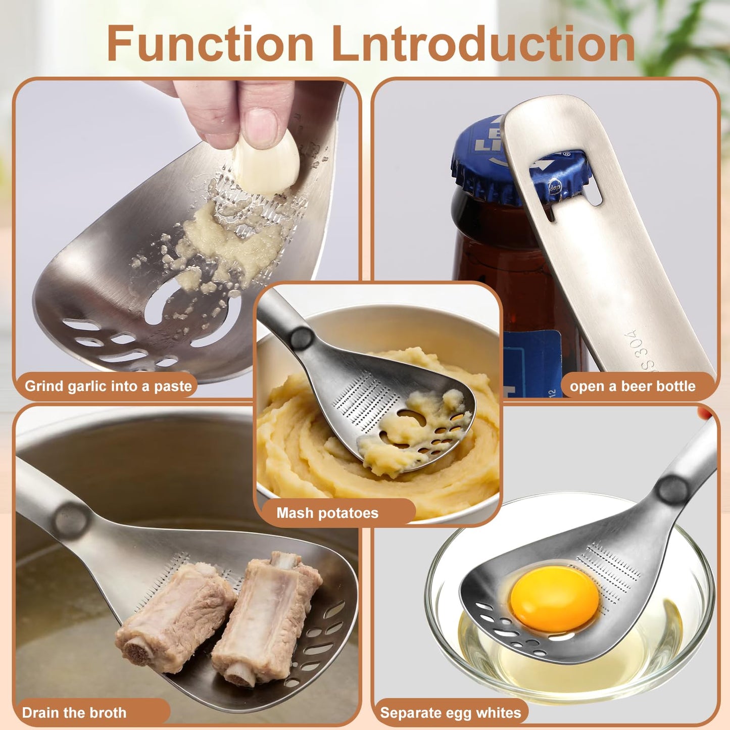 SQKM 5 in 1 Spoon Solid, Meat and Potatoes Smasher, Egg Yolk Separator, Potato Masher, Bottle Opener, 18/8 304 Stainless Steel, Heat Resistant for Mixing Stirring, Kitchen & Camping