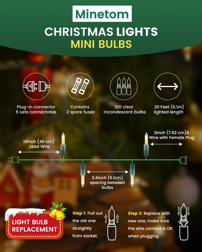 Minetom Clear Christmas String Lights - 100 Count 20 Feet Incandescent Mini Lights for Indoor Decor