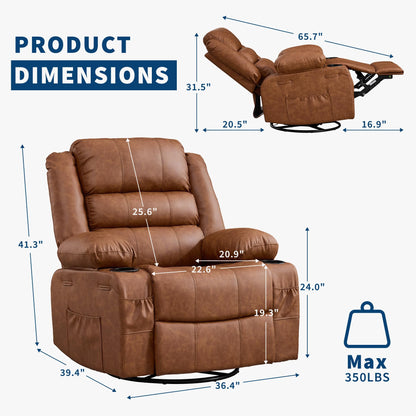 Rocking Recliner Chair for Adults PU Leather Wide Upholstered Glider Recliner with Cup Holder Deep Seat Single Sofa Rocker Chair for Nursery Living Room