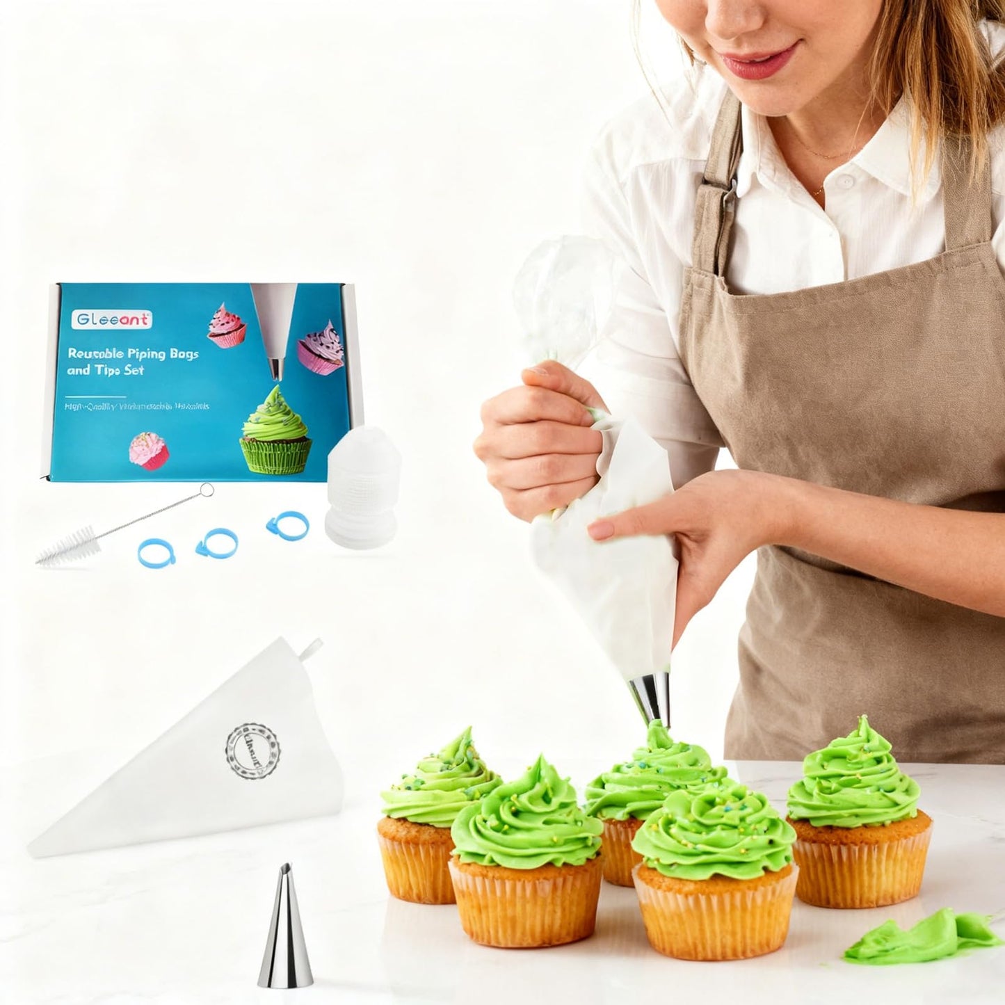 Reusable Cotton Piping Bags and Tips Set- GleeAnt Frosting Piping Kit for Baking 6pcs Large Stainless Icing Tips for Cake Decorating- 16inch Pastry Bags,Coupler I Professional Cupcake Kit (11)