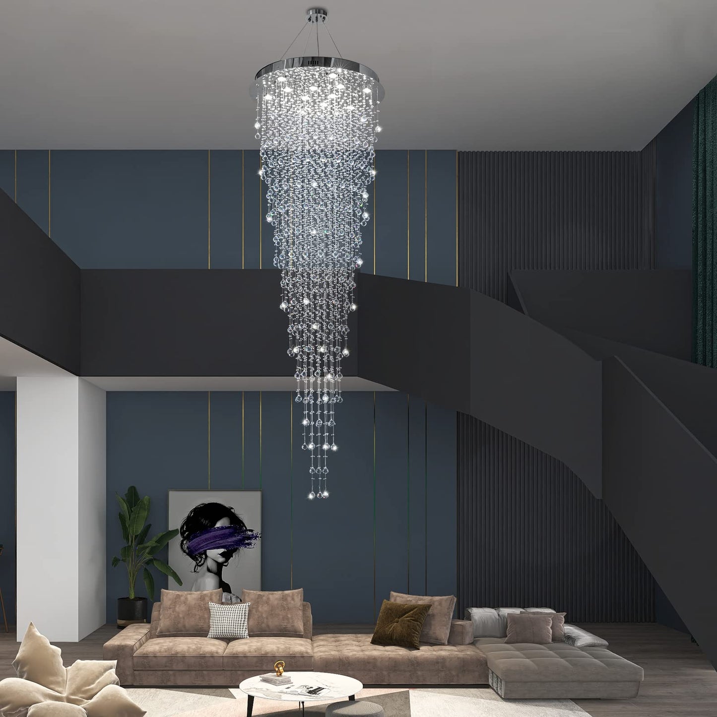 APBEAM Modern Large Crystal Chandelier for High Ceilings, Raindrop Round Large Foyer Chandelier, Luxury Flush Mount Ceiling Light Fixture for Stairse Entryway Living Room Dia 32" x H 96"-12 Lights