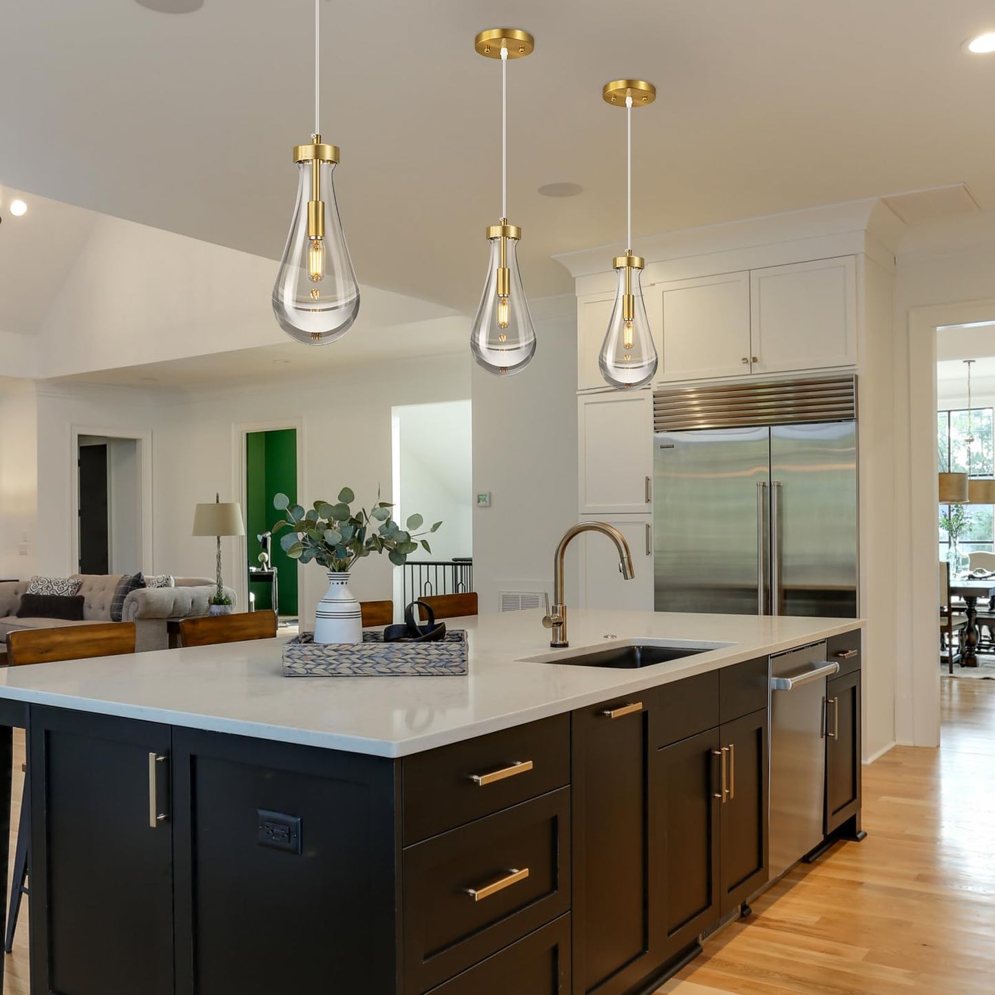 LIANGMH Raindrop Pendant Lights Kitchen Island Set of 3 Teardrop Gold Hanging Light Fixtures Clear Solid Glass Pendant Light Modern Chandeliers for Dining Room Porch Corridor Living Room…