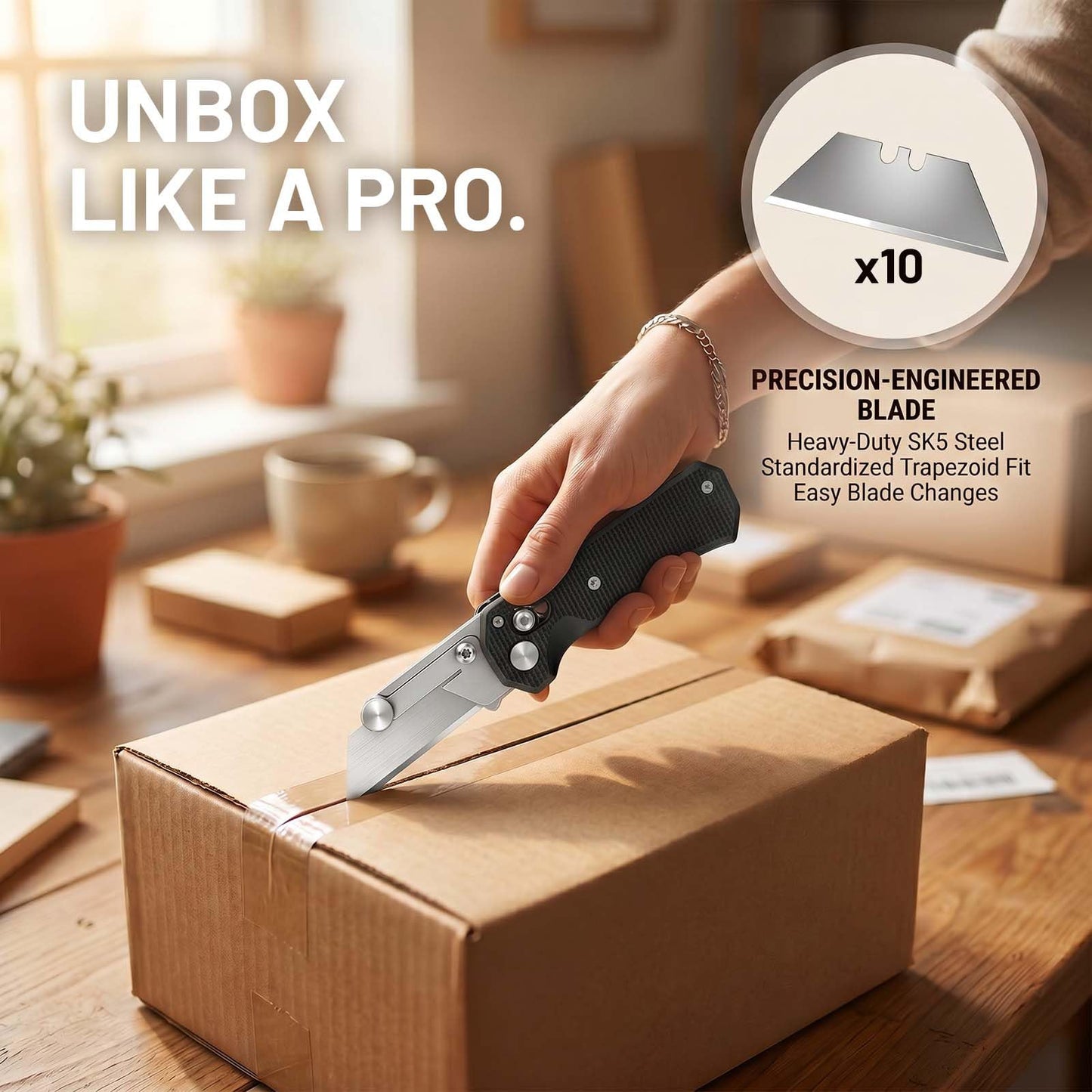 Folding Utility Knife for Men Women, Quick Change Box Cutter with 10Pcs SK5 Replaceable Blades, EDC Razor Knife for Cartons, Cardboard, Boxes, Christmas Stocking Stuffers Gifts for Men Husband Women （Black）