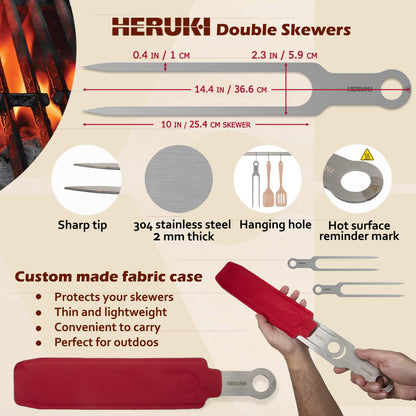 HERUKI Double Skewers 14.4" Stainless Steel Heavy Duty Double Prong Valentine’s Day Gift for Him Skewers for BBQ Kabob Shawarma Meat Fish Chicken Accessories for Grill Master Arsenal - 2 Units