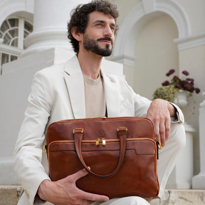 Time Resistance Leather Briefcase - Italian Handmade Leather Laptop Bag - Work Bag for Men and Women - Computer Briefcase