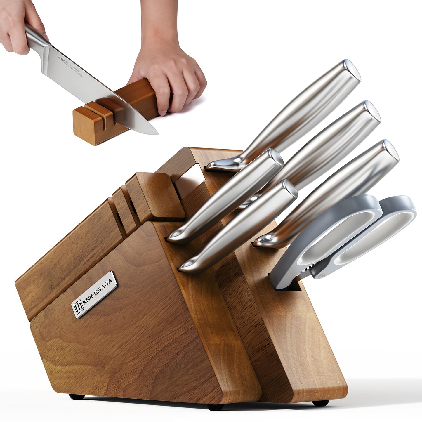 KnifeSaga Kitchen Knife Set with Block and Detachable Sharpener | 8-Piece High Carbon Stainless Steel Knife Block Set, Fully Forged Blades & Compact Design