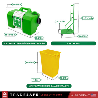 TRADESAFE Portable Eye Wash Station OSHA Approved - Emergency Eye Wash Station, 8 Gallon Eye Wash First Aid with Cart and Wastewater Bin, Eyewash Station Sign, OSHA and ANSI Compliant