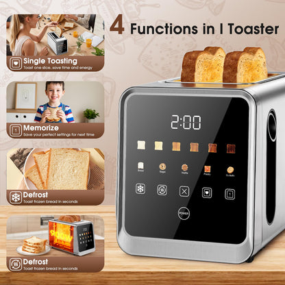 Touch Screen Toaster 2 Slice, Stainless Steel Smart Digital Toasters with Single Slot Toasting, Memory Function, 5 Bread Types & 6 Shade Settings,1.5" Wide Slot, 900W