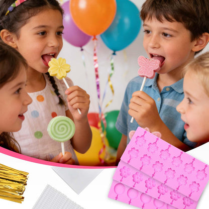 5Pcs Silicone Lollipop Molds Kit, YUX-DTDSU 8 & 12 Holes Hard Candy Molds, Non-Stick Sucker Mold for Making Chocolate, Candy, Cookie, Flower Mold with 100Pcs Lollypop Sticks, Gold Ties, Treat Bags
