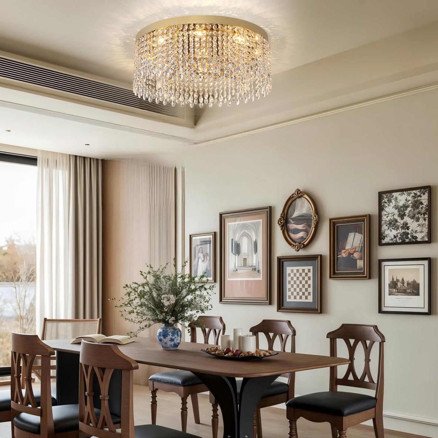 Axamate Modern Crystal Chandelier 24 inch Large Gold Chandeliers Ceiling Light Round Raindrop Chandeliers Flush Mount Lighting Fixture for Living Room Dining Room Bedroom